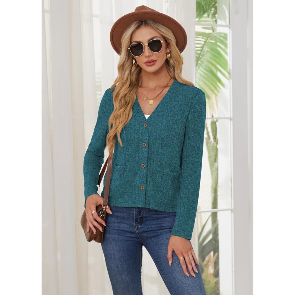 Women’s Cropped Light Sweater Cardigan Pockets Casual Wear Small - Picture 3 of 4